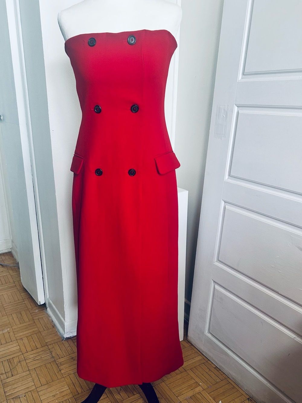 Zara Red Strapless Double Breasted Midi Dress Size M-Very Good Condition❤️